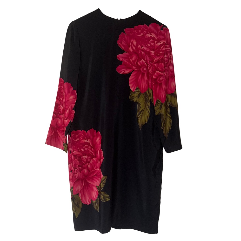 Vintage Liz Claiborne 100% Silk Red Peony Floral Print Shift Dress Black Size 6